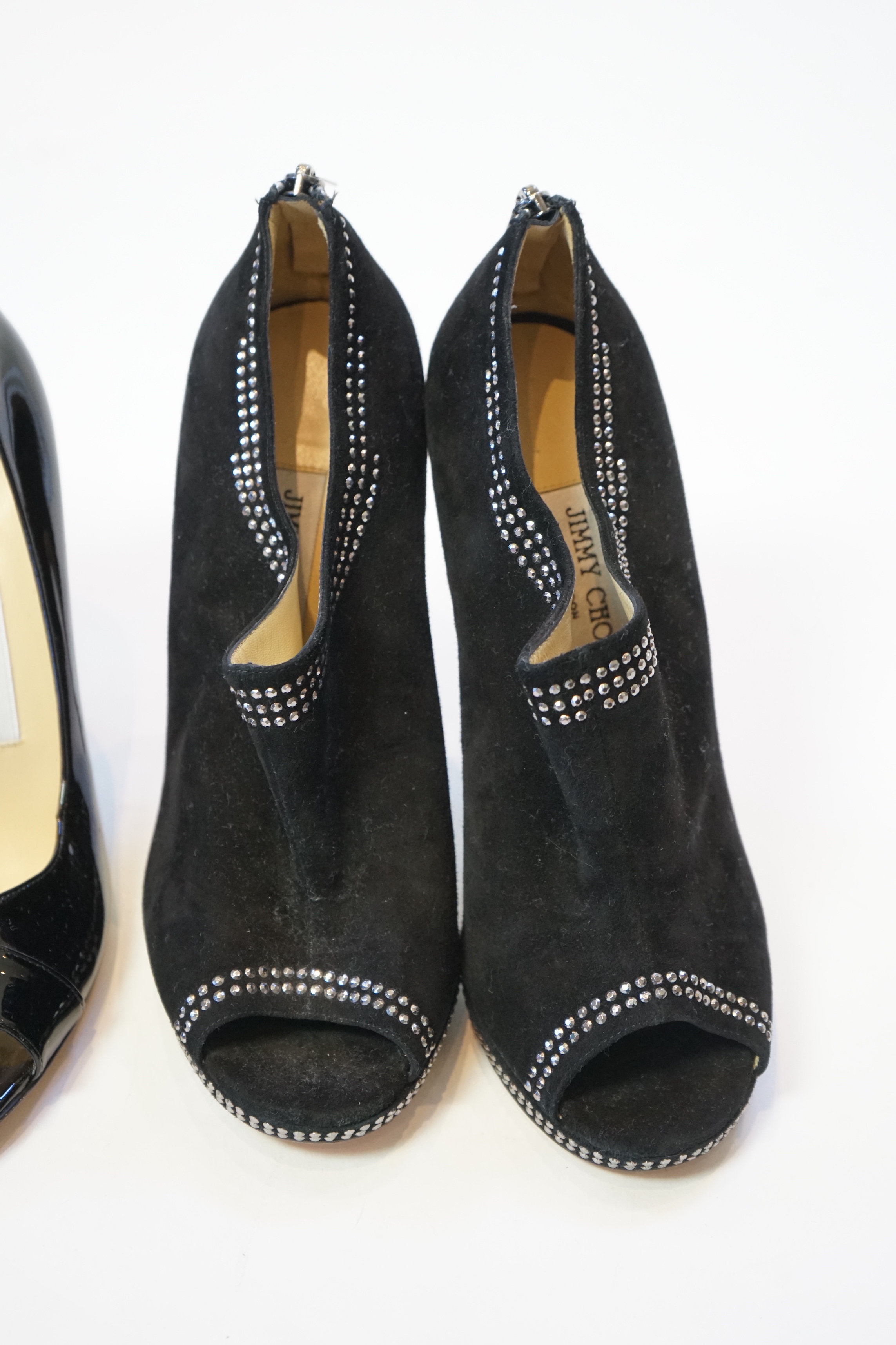 Two pairs of Jimmy Choo black lady's heeled open toe shoes, size EU 39